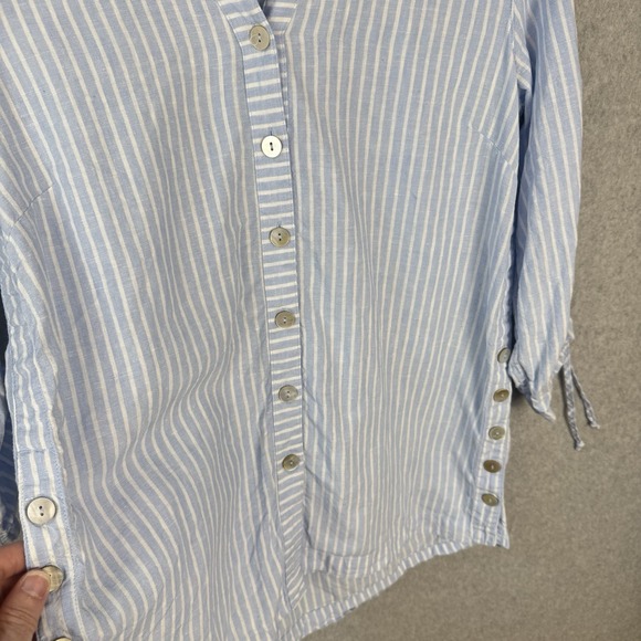 John Mark Linen Top Ruched Sleeve Button Down Tunic M Blue White Striped Coastal - Picture 7 of 9